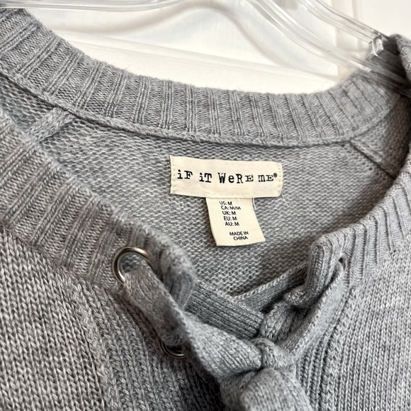 If It Were Me Anthropologie Gray Lace Up Collar Bell Sleeve Long Sweater Medium - Picture 3 of 16
